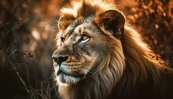 majestuoso león descansando en africano desierto llanura generado por ai foto