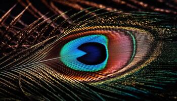 Majestic peacock feather displays vibrant iridescent colors generated by AI photo