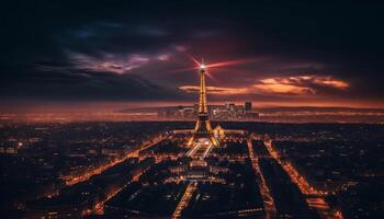 ciudad horizonte iluminado por atardecer, construcción maquinaria presente generado por ai foto