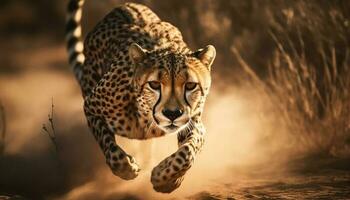 Majestic cheetah walking in African wilderness area generated by AI photo