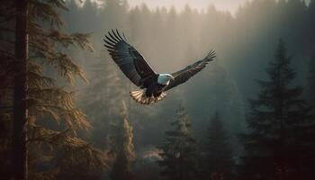 Spread wings, majestic bald eagle in mid air generated by AI photo