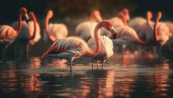 birds wade in tranquil pond reflection generated by AI photo