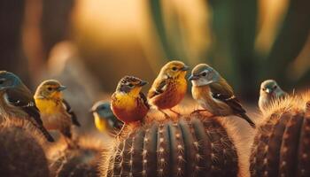 Small yellow songbirds perching on green branch generated by AI photo