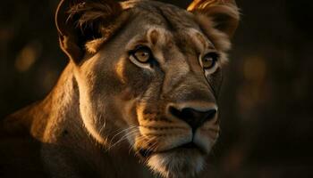 Majestic lioness staring, focus on foreground beauty generated by AI photo