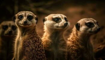 Small cute meerkats standing in a row outdoors generated by AI photo