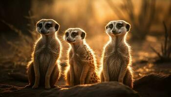 Small meerkat family sitting, watching nature beauty generated by AI photo
