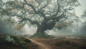 Spooky fog shrouds mystery in autumn forest generated by AI photo