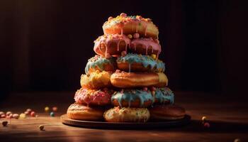 apilar de hecho en casa rosquillas con rosado Formación de hielo generado por ai foto