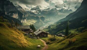 Majestic mountain peak, tranquil meadow, serene beauty generated by AI photo