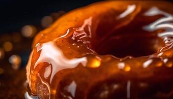 Homemade caramel donut with chocolate icing drizzle generated by AI photo