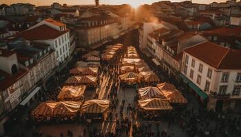 Sunset illuminates ancient city skyline, crowded with tourists generated by AI photo