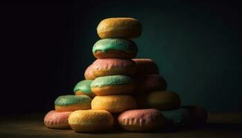 dulce comida apilar macarrón, Galleta, rosquilla, caramelo generado por ai foto