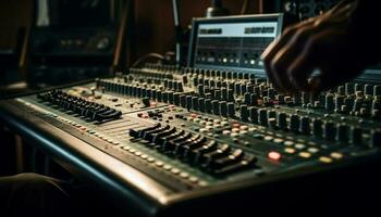 Expert sound engineer adjusts mixer knobs on stage generated by AI photo