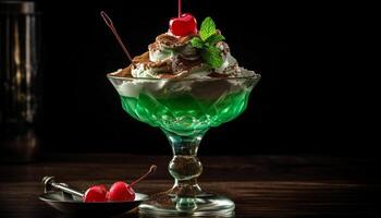 Indulgent ice cream sundae with berry sauce generated by AI photo