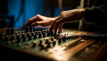 Expert musician adjusting sound mixer in recording studio generated by AI photo