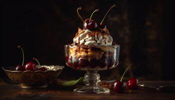 Fresco baya hielo crema helado con frutas y nueces en rústico mesa generado por ai foto