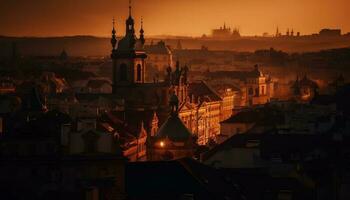 Medieval steeple backlit by sunset golden fog generated by AI photo