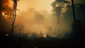 Burning forest, spooky mystery, danger in nature generated by AI photo