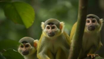 Cute young monkey sitting on tree branch generated by AI photo
