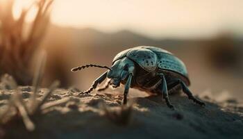 Horned weevil crawling on green leaf outdoors generated by AI photo