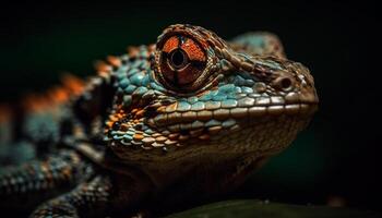 Green gecko staring, portrait in nature generated by AI photo