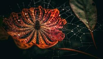 Spider web glistens with dew drops outdoors generated by AI photo