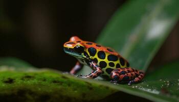 Spotted poison arrow frog sitting on leaf generated by AI photo