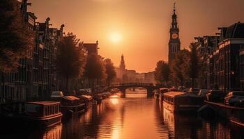 Sunset illuminates famous bridge, reflecting on canal generated by AI photo