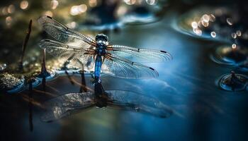 Dragonfly wing reflects vibrant pond water generated by AI photo