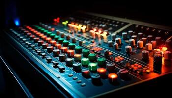 Sound engineer pushing knobs on illuminated mixer generated by AI photo