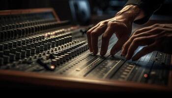 Sound engineer adjusting knobs on mixing desk generated by AI photo