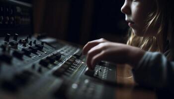 niño músico jugando piano, mezcla sonido adentro generado por ai foto