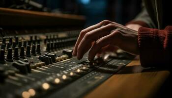 Hand pushing knob on sound mixer equipment generated by AI photo