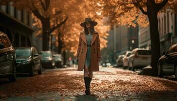 joven mujer caminando con confianza en otoño luz de sol generado por ai foto