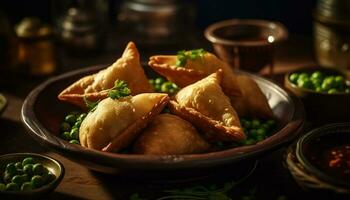 Deep fried samosas on rustic crockery plate generated by AI photo