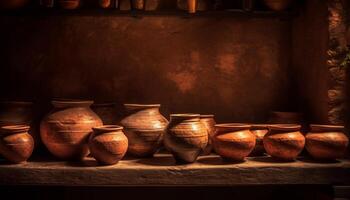 Ancient terracotta pottery collection on rustic shelf generated by AI photo