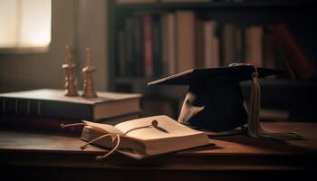 Stacks of old textbooks on antique bookshelf generated by AI photo