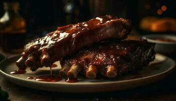 A la parrilla Cerdo costilla plato con sabroso salsa generado por ai foto