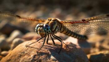 Yellow dragonfly rests on green plant stem generated by AI photo