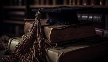 Antique leather bound books on rustic bookshelf generated by AI photo