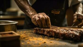 A la parrilla filete preparado por experto masculino cocinero generado por ai foto