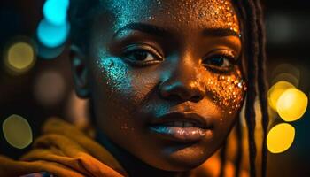 joven africano mujer sonriente, brillante en celebracion generado por ai foto