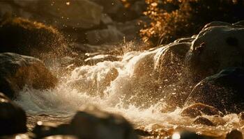 Liquid motion spraying wet waves on rocks generated by AI photo