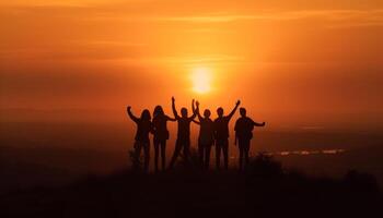 Group of people cheering, arms raised in joy generated by AI photo