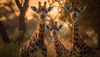 Giraffe standing in savannah, looking at camera generated by AI photo