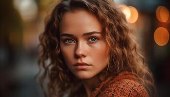 Young adult woman with brown hair smiling outdoors generated by AI photo