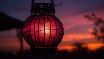 Glowing lantern illuminates nature vibrant night sky generated by AI photo
