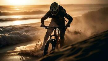 Mountain biker riding through backlit sunset mountains generated by AI photo