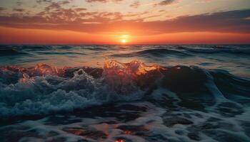 Sunset over water, waves splashing on sand generated by AI photo