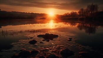 Sunset silhouette over tranquil waters, nature beauty generated by AI photo